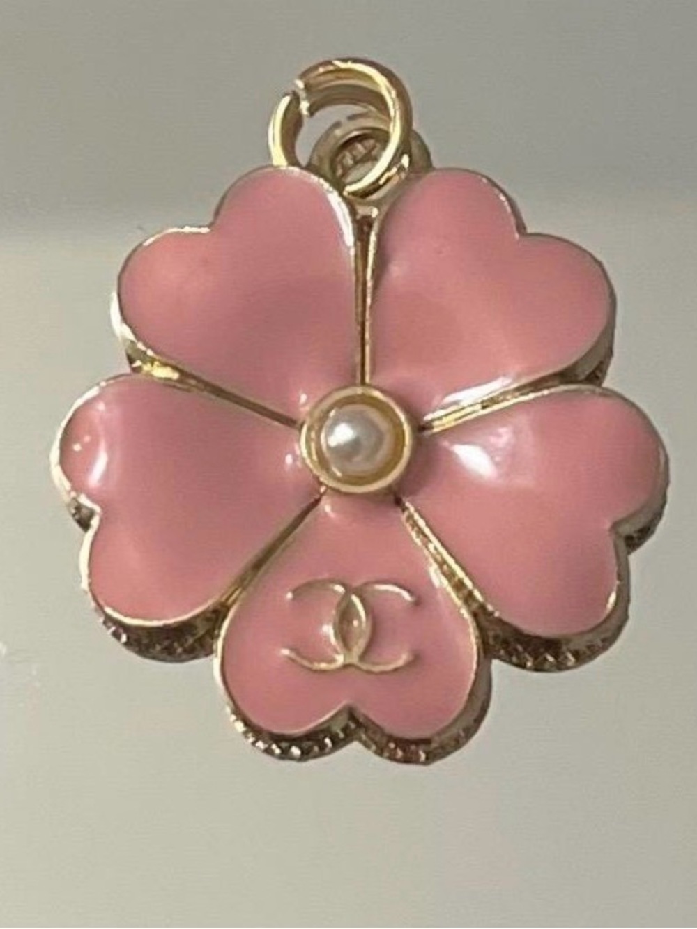 CHANEL Vintage Pink Enamel Four-Leaf Flower Charm Pendant with Faux Pearl